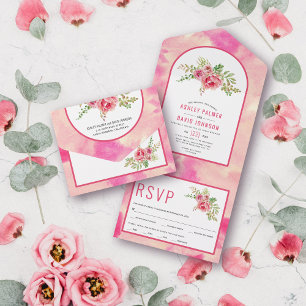 Heiße rosa Kaktus Blume, Blätter Blumenhochzeit al All In One Einladung