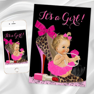 Heiße rosa Leopard-High-Heel-Schuh-Baby-Party Einladung