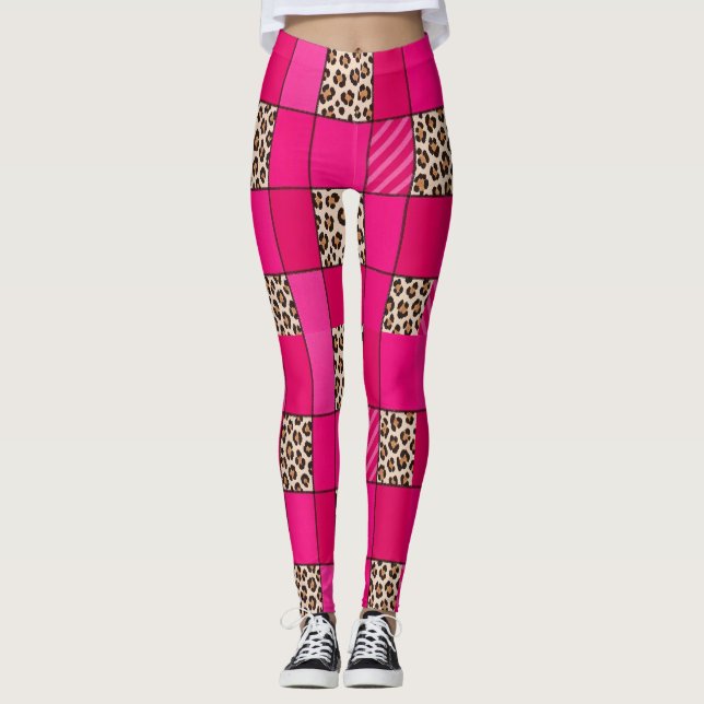 Heiße Rosa Leoparden-Print-Patchwork-Leggings Leggings (Vorderseite)