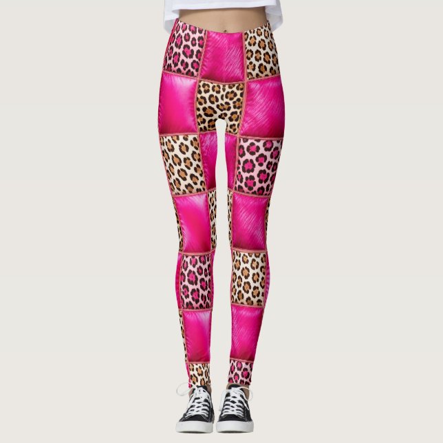 Heiße Rosa Leopardenprint-Patchwork-Leggings Leggings (Vorderseite)