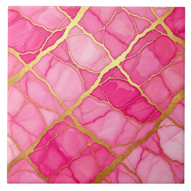 Heiße rosa und goldene Marmoroptik Fliese (Vorderseite)