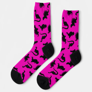 Heiße rosa und schwarze Dinosaurier-Silhouette Socken
