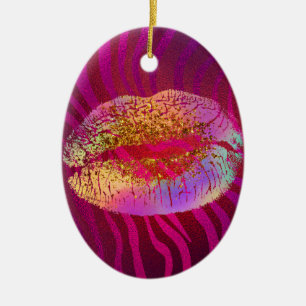 Heiße rosa Zebra-Regenbogen-Gold-Glitter-Lippen in Keramik Ornament
