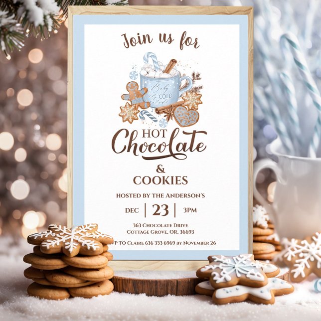 Heiße Schokolade und Kekse Blau Moderne Weihnachte Einladung (Hot Chocolate And Cookies Blue Modern Christmas Invitation)
