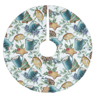 Heiße Schokolade, Weihnachtskekse und Grünpflanzen Polyester Weihnachtsbaumdecke