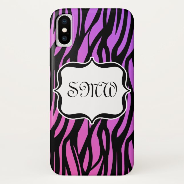 Heißer lila/rosa Zebra Stripes Monogramm Case-Mate iPhone Hülle (Rückseite)