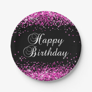 Heißer Rosa Glitter Schwarz Alles Gute zum Geburts Pappteller