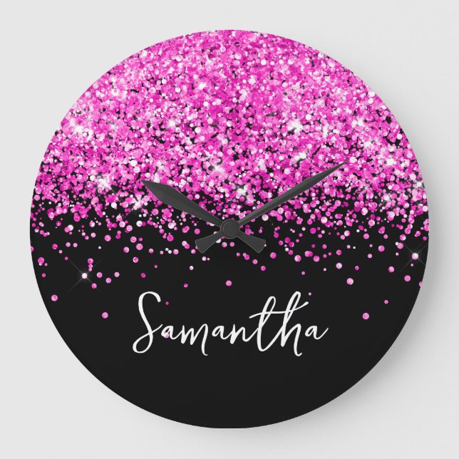 Heißer Rosa Glitter Schwarze Schrift Name Große Wanduhr (Vorderseite)
