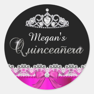 Heißer Rosa-Spitze- und Tiara-Quinceanera-Aufklebe Runder Aufkleber