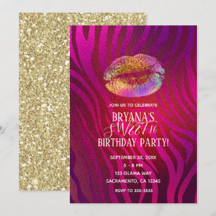 Heißer Rosa Zebrastreifen Regenbogen Gold Glitter  Einladung