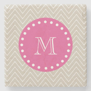 Heißes Rosa, beige Zickzack Ihr Monogramm Steinuntersetzer