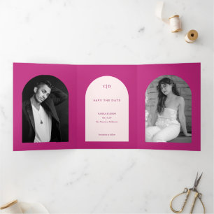 Heißes Rosa-Bogen-Foto-Hochzeit-Save-the-Date Dreifach Gefaltete Ankündigung