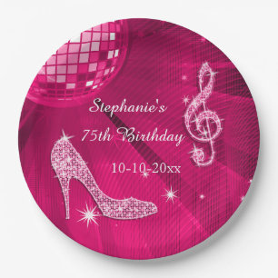 Heißes Rosa-Disco-Ball und Heels-75. Geburtstag Pappteller