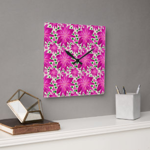 Heißes Rosa Florales Nahtloses Muster Quadratische Wanduhr