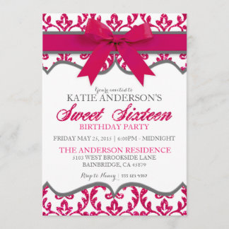 Heißes Rosa-Glitzer-Damast-16. Einladung
