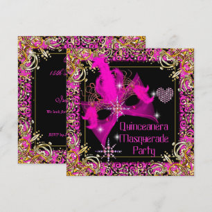 Heißes Rosa Gold Schwarze Maskerade Quinceanera-Pa Einladung