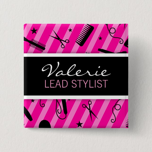 Heißes Rosa-Haar-Salon-Namen-Abzeichen Button (Vorderseite)