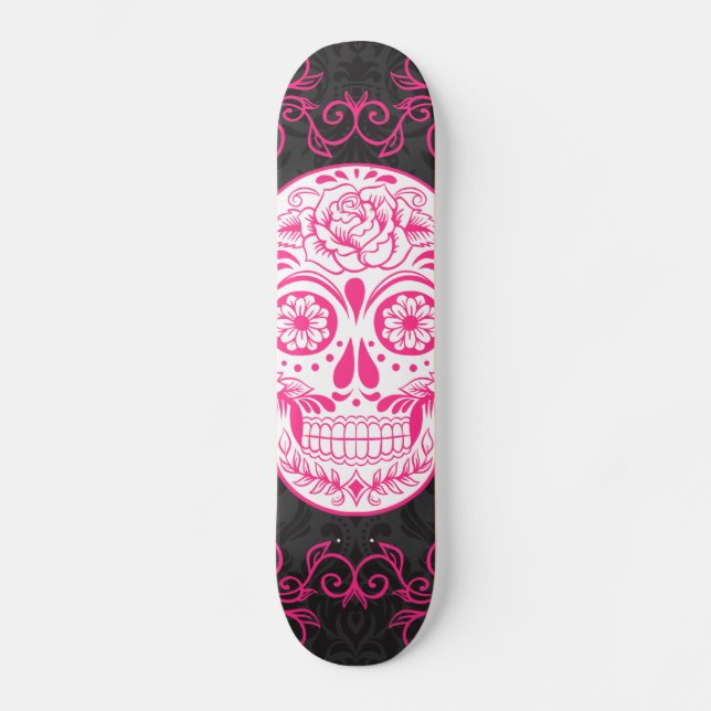Heißes Rosa-Schwarz-Zuckerschädel-Rosengotischer Skateboard (Vorderseite)