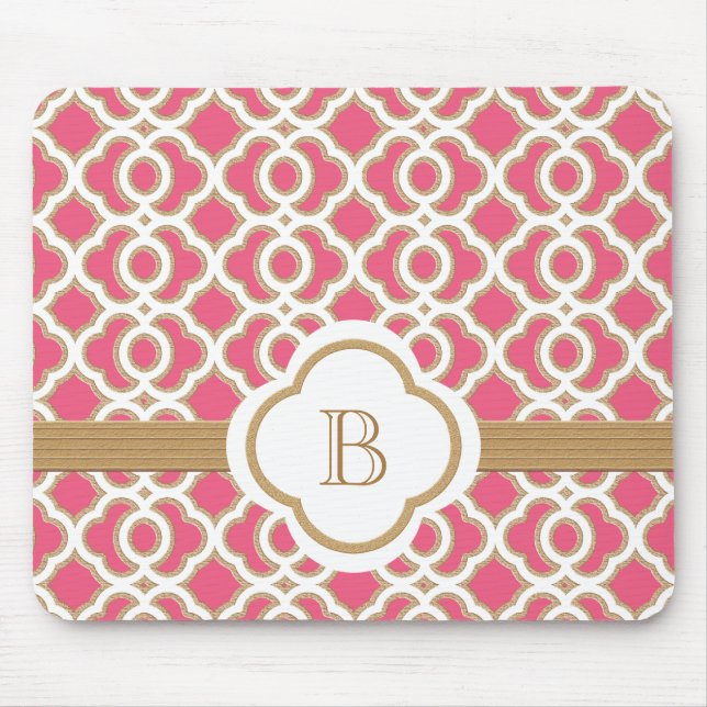 Heißes Rosa und Goldmarokkanisches mit Monogramm Mousepad (Vorne)