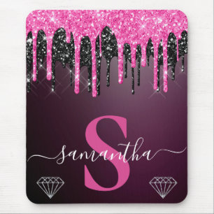 Heißes Rosa und schwarzes tropfendes Glitter-Monog Mousepad