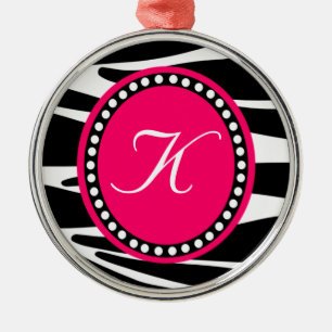 Heißes Rosa und Zebra-Streifen-mit Monogramm Silbernes Ornament