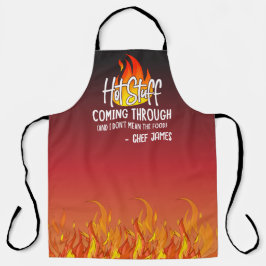 Heißes Zeug, das durch sonnigen Koch und kundenspe Schürze