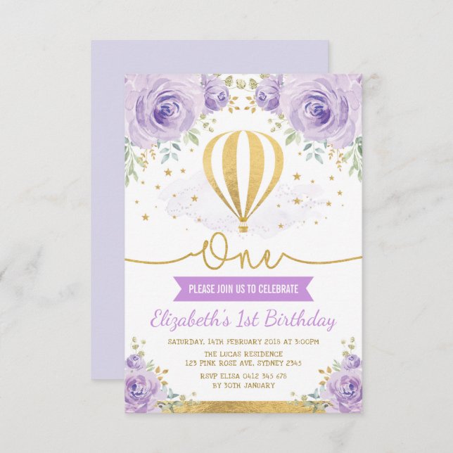 Heißluft-Ballon-lila Goldblumen1. Geburtstag Einladung (Vorne/Hinten)