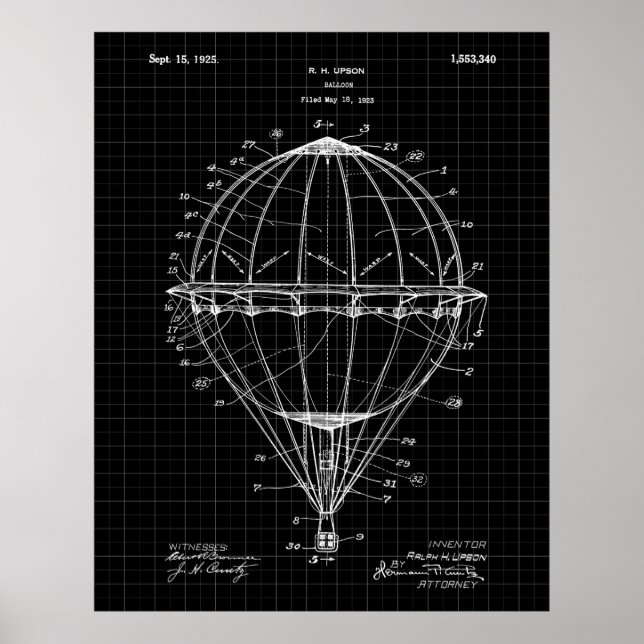 Heißluftballon 1925 Patent Art Print Black Grid Poster (Vorne)