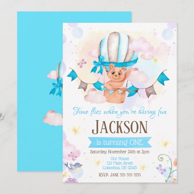 Heißluftballon 1. Geburtstag Einladung (Vorne/Hinten)