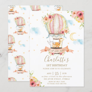 Heißluftballon 1. Geburtstag Jungle Animals Girl Einladung