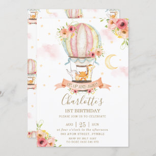 Heißluftballon 1. Geburtstag Jungle Animals Girl Einladung