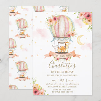 Heißluftballon 1. Geburtstags Jungle Animals Girl Einladung