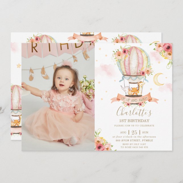 Heißluftballon 1. Geburtstagsjungle Tiere Foto Einladung (Vorne/Hinten)