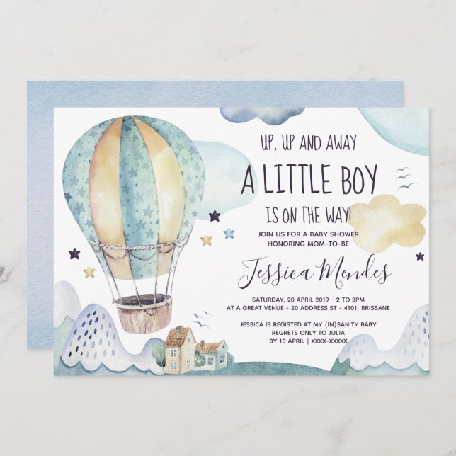 Heißluftballon Babydusche Einladung (Vorne/Hinten)