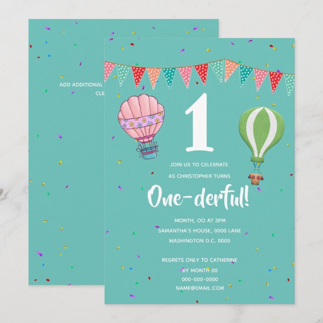 Heißluftballon Ballon bunte erste Geburtstagskind  Einladung (Vorne/Hinten)