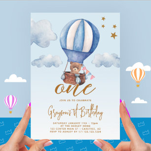Heißluftballon-Bär-Junge 1. Geburtstag Einladung