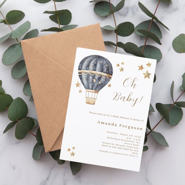 Heißluftballon blauer Junge Stars Babydusche Einladung (Von Creator hochgeladen)