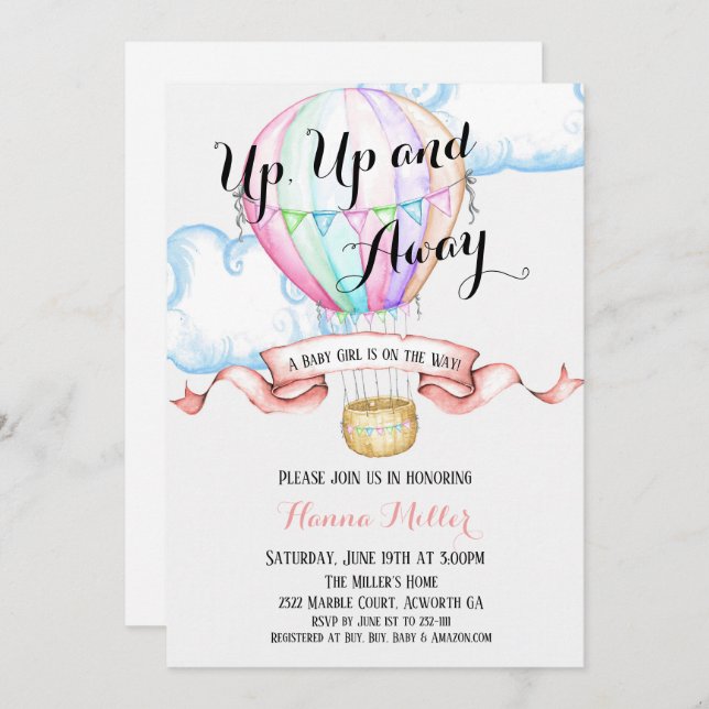 Heißluftballon Einladung Baby Girl Dusche (Vorne/Hinten)