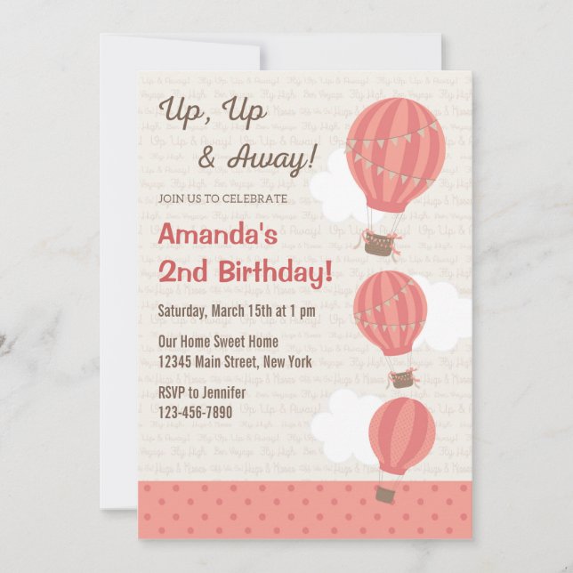 Heißluftballon Einladung zum Geburtstag (Rosa) (Vorderseite)