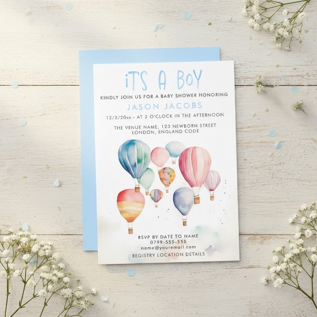 Heißluftballon Es ist eine Babydusche Einladung (Hot Air Balloon It's a boy baby shower Invitation.)