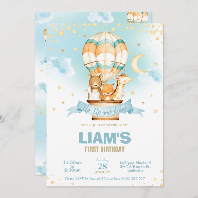 Heißluftballon Geburtstagskind Niedliche Jungle Ti Einladung (Vorne/Hinten)