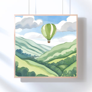 Heißluftballon   Grüne Aquarell-Landschaft Poster