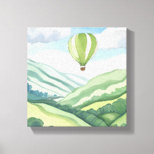Heißluftballon   Grüne Wasserfarbenlandschaft Leinwanddruck