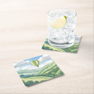 Heißluftballon   Grüne Wasserfarbenlandschaft Rechteckiger Pappuntersetzer