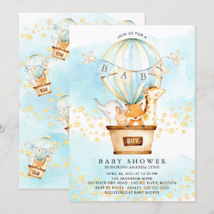 Heißluftballon mit Baby-Tieren Baby-Junge-Shower Einladung