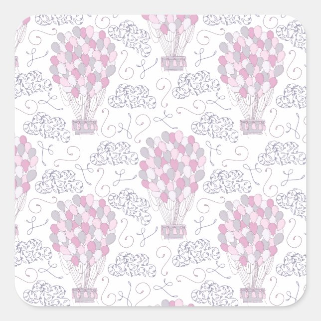 Heißluftballon mit rosa Party-Ballons Quadratischer Aufkleber (Vorderseite)