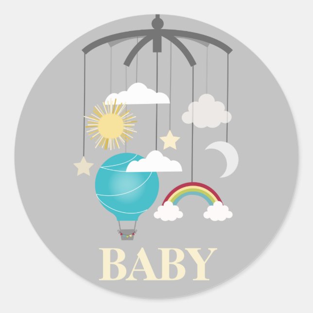 Heißluftballon Mobile Baby Dusche - Blau Runder Aufkleber (Vorderseite)