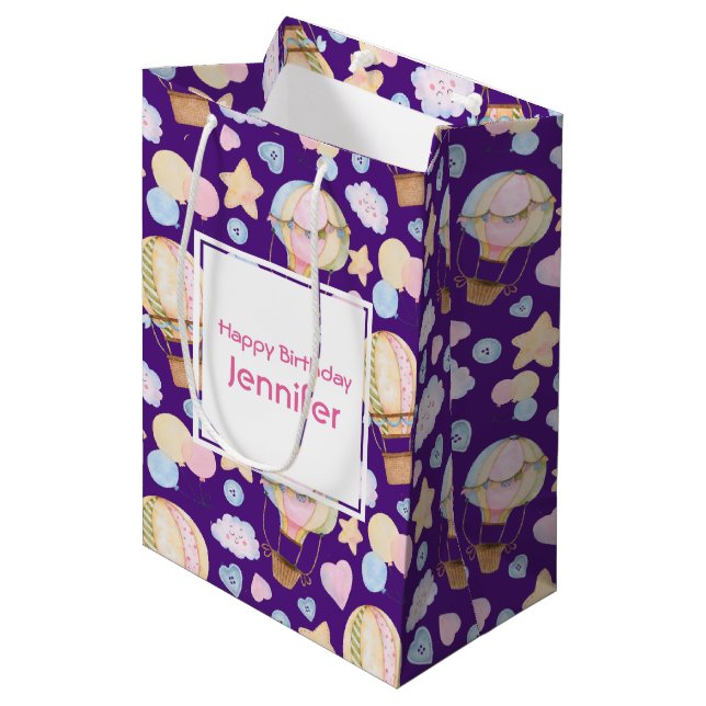 Heißluftballon Niedliche Wasserfarben Muster Gebur Mittlere Geschenktüte (Vorderseite Schrägansicht)