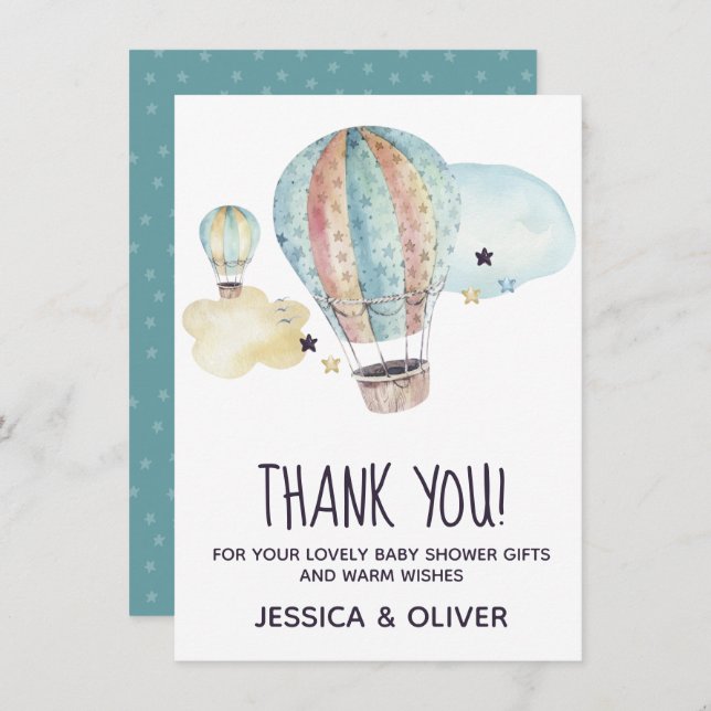 Heißluftballon Party in Blau Danke Karte (Vorne/Hinten)