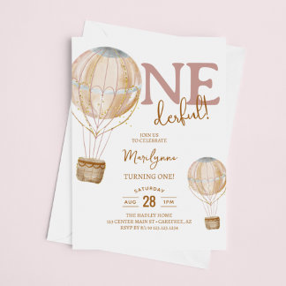 Heißluftballon Pink Boho 1. Geburtstag Einladung